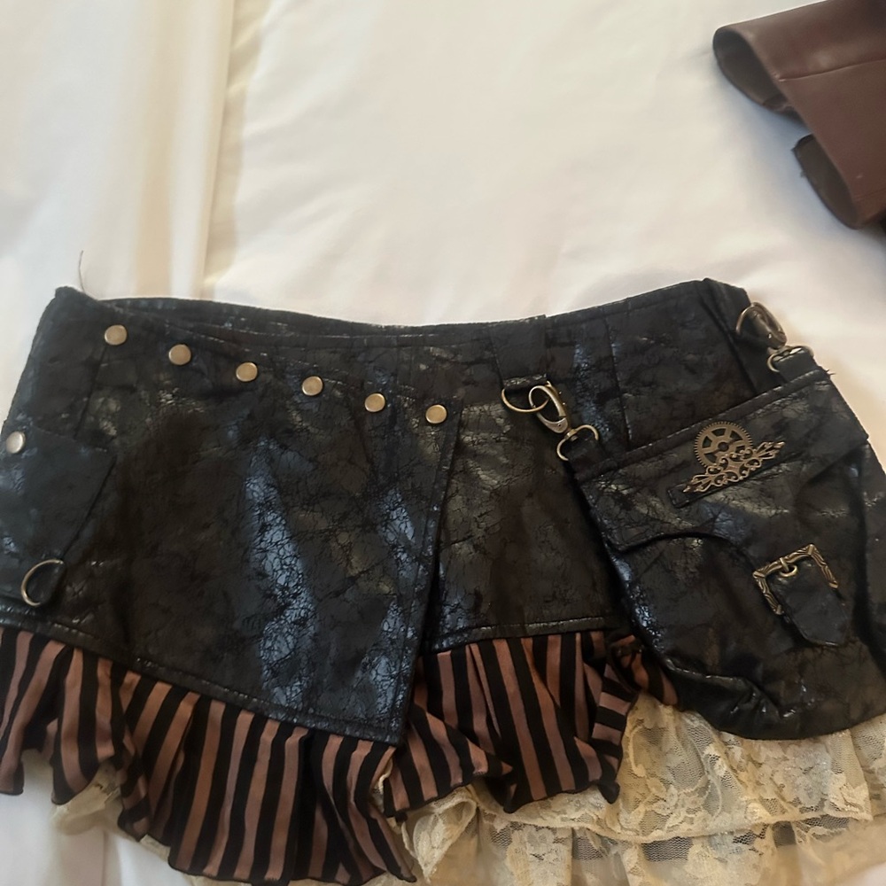 Leather ruffled lace trimmed skirt